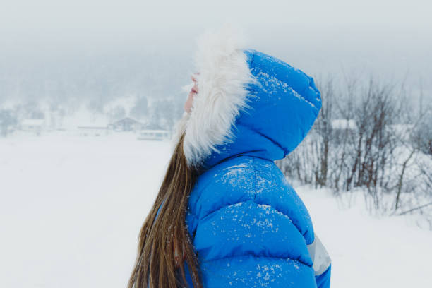 donna in cappotto blu che ammira la fiaba invernale che cammina nel villaggio scandinavo durante una forte nevicata - rear view winter blizzard nordic countries foto e immagini stock