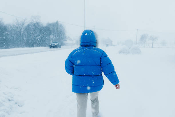 大雪の中、スカンジナビアの村の通りを歩く冬を眺める青いコートの女性 - rear view winter blizzard nordic countries ストックフォトと画像