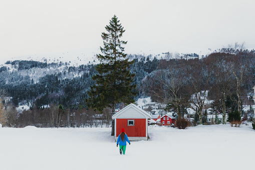 Rear view of female in colourful warm clothing contemplating the Christmas time walking to the old wooden hut with view of the green pine tree and snowcapped mountain peaks in Norway
