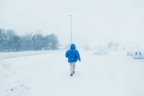 kobieta w niebieskim płaszczu podziwiająca zimę spacerującą po ulicy w skandynawskiej wiosce podczas obfitych opadów śniegu - rear view winter blizzard nordic countries zdjęcia i obrazy z banku zdjęć