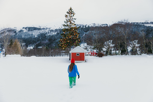 Rear view of female in colourful warm clothing contemplating the Christmas time walking to the old wooden hut with view of the green pine tree in Christmas lights and snowcapped mountain peaks in Norway