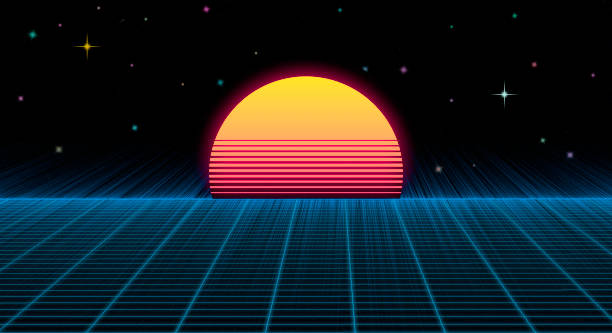 istock Retro Futuristic Grid Background in  Cyber, Vaporwave, Retrowave, Synthwave style, with Stars and Setting Sun 1791451775