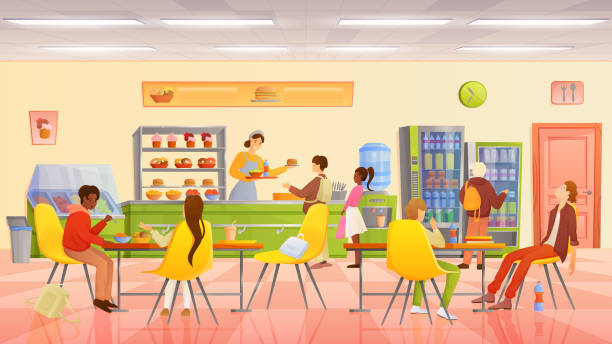 mittagessen für kinder in der schulkantine, schüler essen an tischen im foodcourt-innenraum - kantine stock-grafiken, -clipart, -cartoons und -symbole