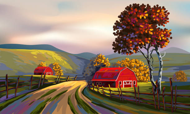 illustrazioni stock, clip art, cartoni animati e icone di tendenza di bellissimo paesaggio autunnale - paintings landscape autumn painted image