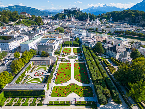 Aerial view of Mirabell Gardens and historical part of Salzburg, Austria