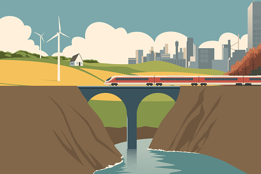 A bullet train passes through a river bridge.  Cityscape in the background. Peaceful meadows with wind turbines.