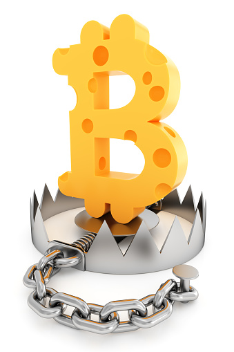 Stainless steel bear trap with cheese in the form bitcoin sign isolated on white background. 3d illustration. the concept of losing money, and unsuccessful investment in cryptocurrencies