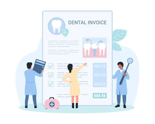 Vector illustration of Dental insurance for tooth care, bill cost coverage, tiny people study checklist form