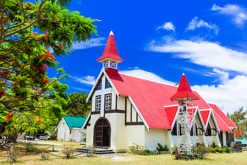 Scenery and landmarks of beautiful Mauritius island - Red church on the beach, Cap malheureux