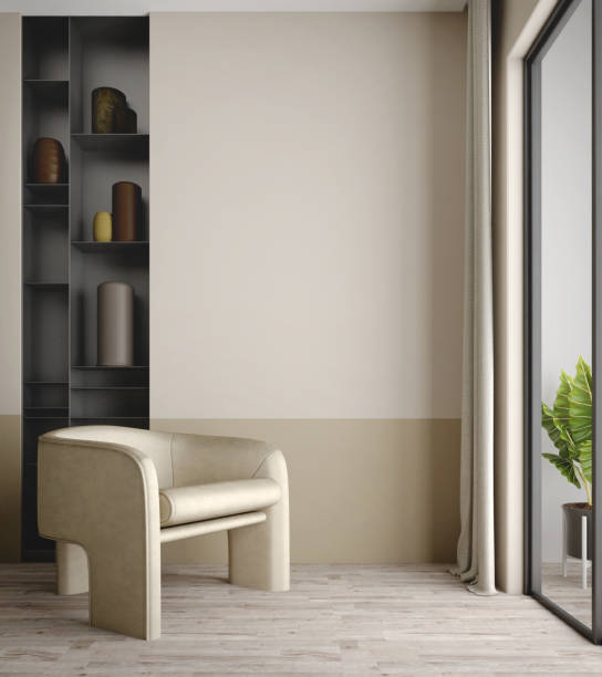 istock Brown wall mockup with shelf and armchair.3d rendering 1791488642