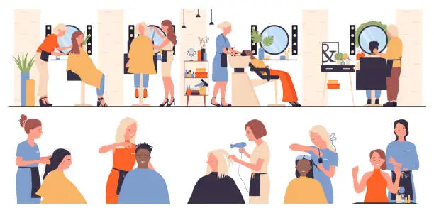 Vector illustration of Hairdresser salon service set, male and female customers sitting in front of mirror