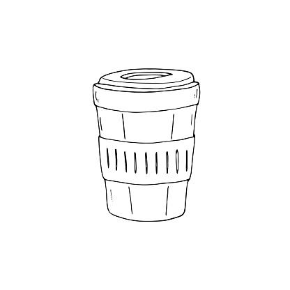 Disposable coffee cup. Hand drawn paper coffee cup. Isolated vector illustration on a white background.