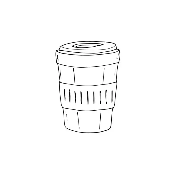 Vector illustration of Disposable coffee cup. Hand drawn paper coffee cup. Isolated vector illustration on a white background.