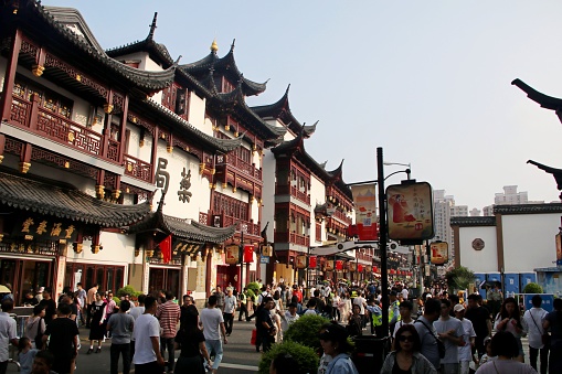 09/29/2023. China. Editorial illustrative. Street of a Chinese city with architecture in the national style.