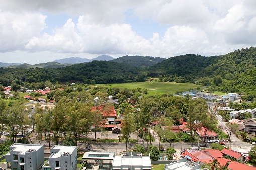 Premises, buildings, structures, infrastructure of a holiday destination on the island of Langkawi in Malaysia, viewed from above.