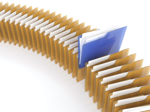 3D illustration of blue folder with files among orange folders on white background