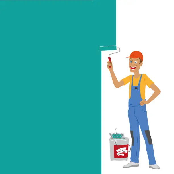 Vector illustration of Painter with a paint roller and a paint bucket painting a turquoise wall with copy space