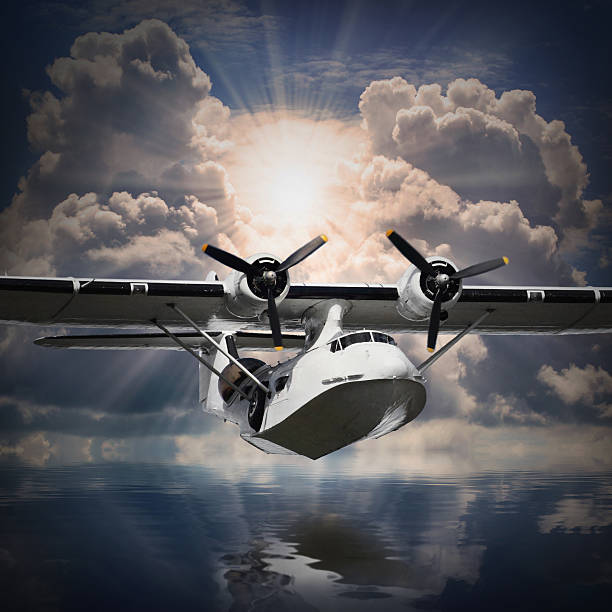 Vintage flying boat over a sea level.