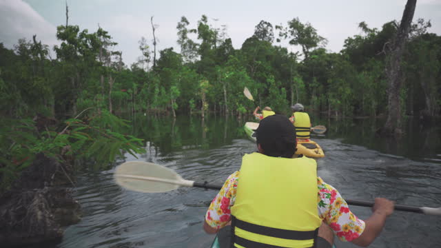 Adventure Asian family spending their leisure time on rowing paddleboats into a mangrove area near a small lagoon during summer in Thailand for sightseeing an ecosystem and exercising with healthy lifestyle.