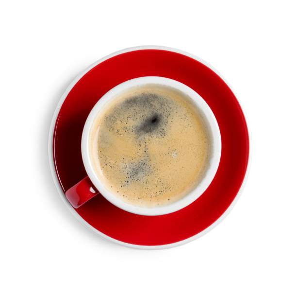 istock Red ceramic cup with hot aromatic coffee isolated on white, top view 1791562282