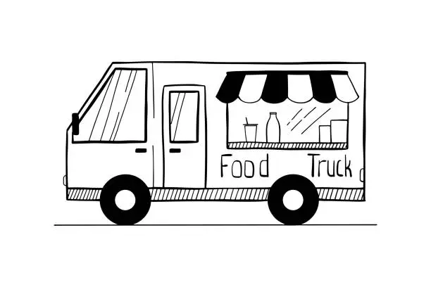 Vector illustration of Hand drawn food truck. Food truck illustration in doodle style isolated on white background. Vector illustration