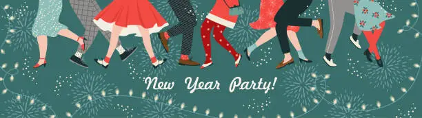 Vector illustration of Christmas and Happy New Year illustration of dance party. Trendy retro style. Vector design