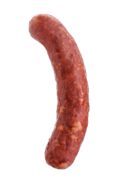istock One fresh raw sausage isolated on white. Meat product 1791574080