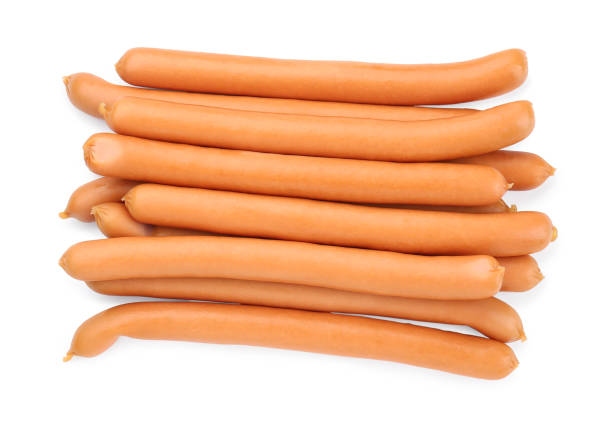 istock Fresh raw sausages isolated on white, top view. Meat product 1791574436