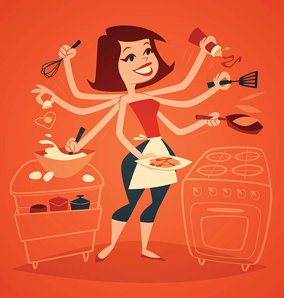 illustrations, cliparts, dessins animés et icônes de femme cuisine pour le petit déjeuner. foyer série illustration vectorielle. - cooking fail