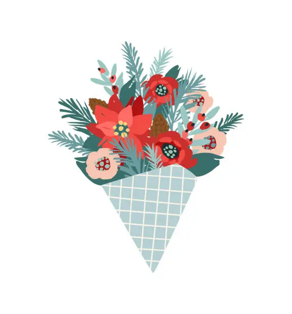Vector illustration of Christmas and Happy New Year isolated illustration with bouquet. Trendy retro style. Vector design