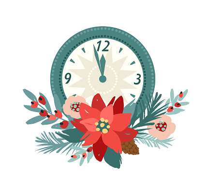 Wall clock decorated with flowers. Christmas and Happy New Year isolated illustration. Vector design template.