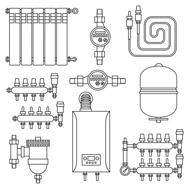 Vector illustration of Set of objects for heating. Industrial image of plumbing objects.