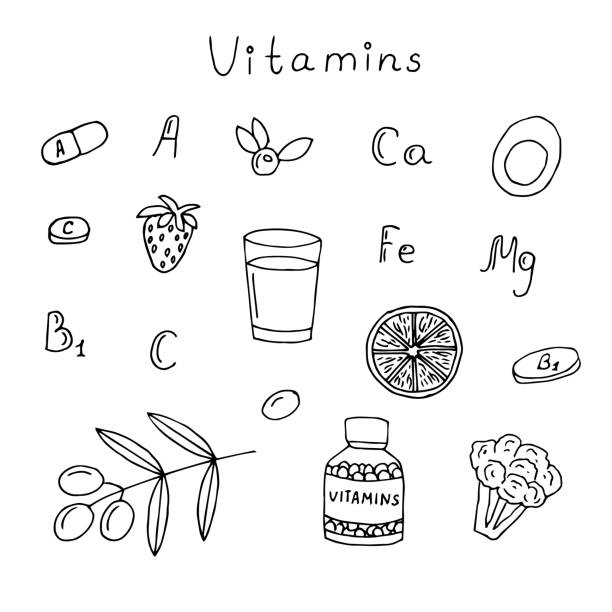 ilustraciones, imágenes clip art, dibujos animados e iconos de stock de vitaminas y oligoelementos conjunto ilustración vectorial dibujo a mano - strawberry vitamin pill food and drink image
