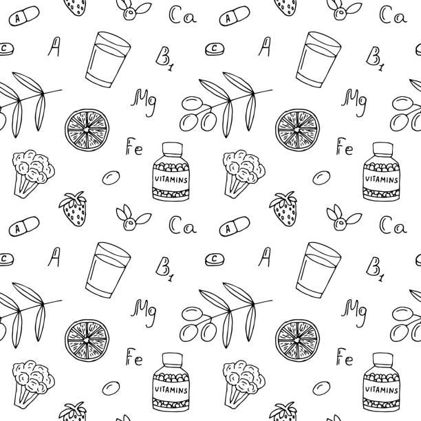 ilustraciones, imágenes clip art, dibujos animados e iconos de stock de vitaminas y oligoelementos patrón sin costuras ilustración vectorial dibujo a mano - strawberry vitamin pill food and drink image