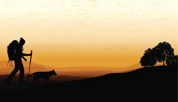 Vector illustration of Hiker with Dog and Twilight Background