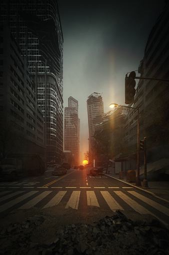 Digitally generated post apocalyptic scene depicting a desolate urban landscape with tall buildings in ruins at dusk/dawn.\n\nThe scene was created in Autodesk® 3ds Max 2024 with V-Ray 6 and rendered with photorealistic shaders and lighting in Chaos® Vantage with some post-production added.