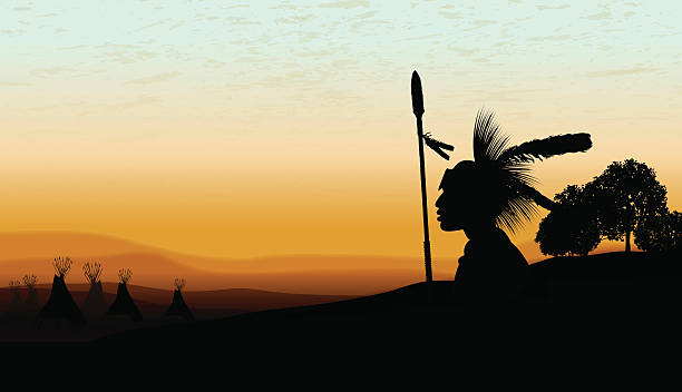 American Indian Teepee Background at Twilight Background American Indian Teepee Background at Twilight Background. Tight graphic silhouette background illustration of an American Indian looking at teepees at twilight. Check out my "Americana" light box for more. apache culture stock illustrations