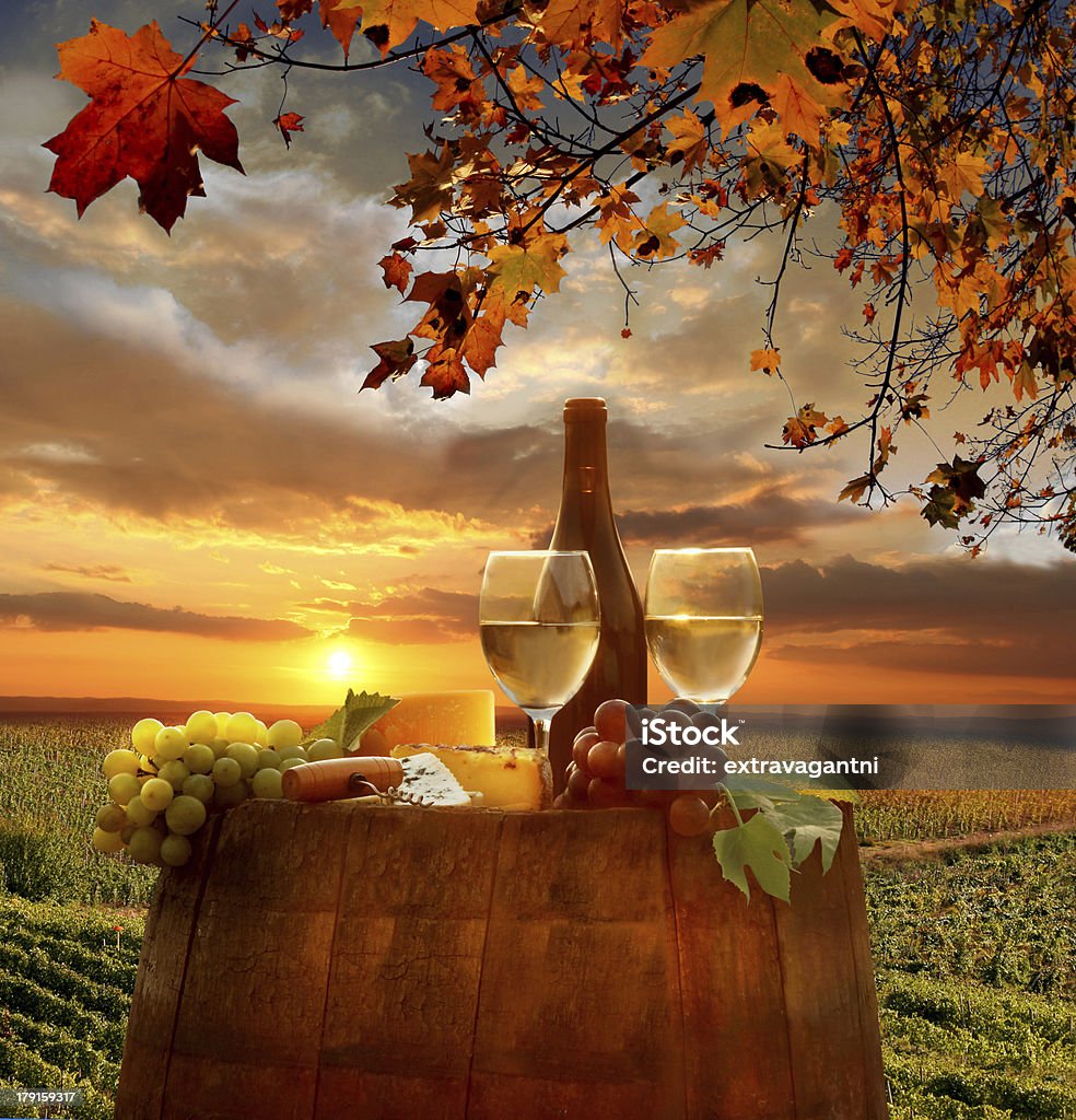 Vine landscape with wine still-life in Chianti, Tuscany, Italy White wine with barrel on vineyard in Chianti, Tuscany, Italy Bottle Stock Photo