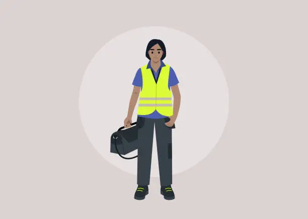 Vector illustration of A young character in a repair worker uniform, adorned with a yellow high-visibility vest, lanyard, and polo shirt, carrying a bag of work tools in one hand