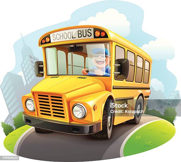 Забавный Школьный Автобус Иллюстрация — стоковая векторная графика и другие изображения на тему Школьный автобус - Школьный автобус, Автобус, Водить