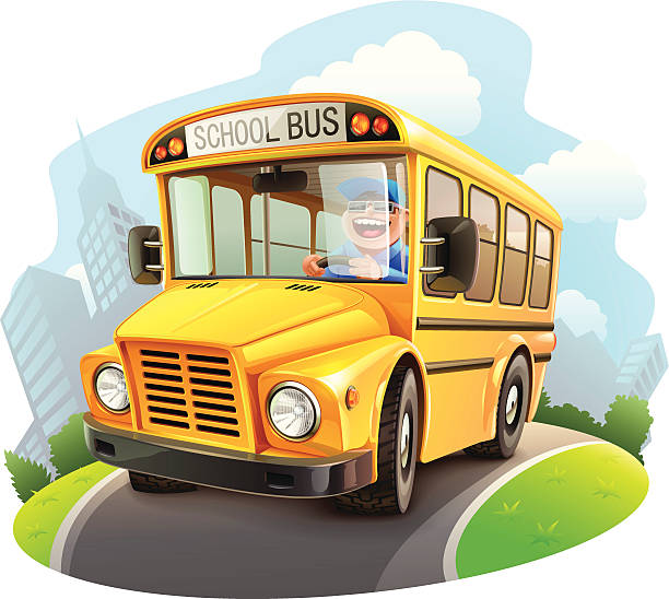 Funny school bus illustration Funny school bus illustration mirror object patterns stock illustrations