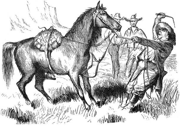 istock Antique illustration - horse with turtle on pack being held by man with whip 1791599667