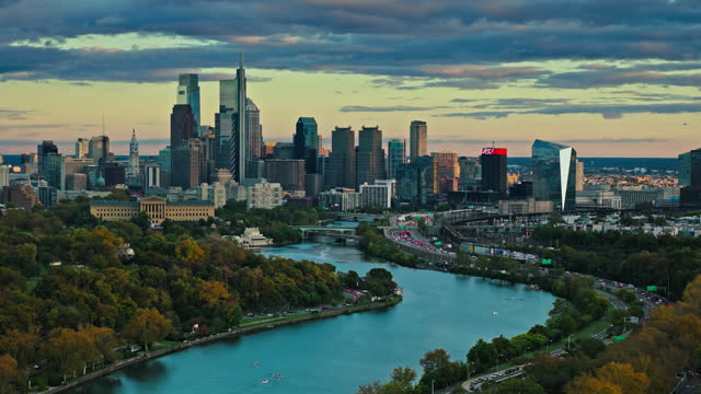 Static Aerial View of Center City Skyline from over Schuylkill River in Philadelphia, Pennsylvania