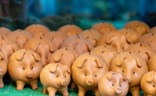 Group of clay piggy bank pigs.