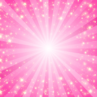 Sunburst pink background. Cartoon radial light backdrop. Retro comic pattern with rays and sparkles and stars.