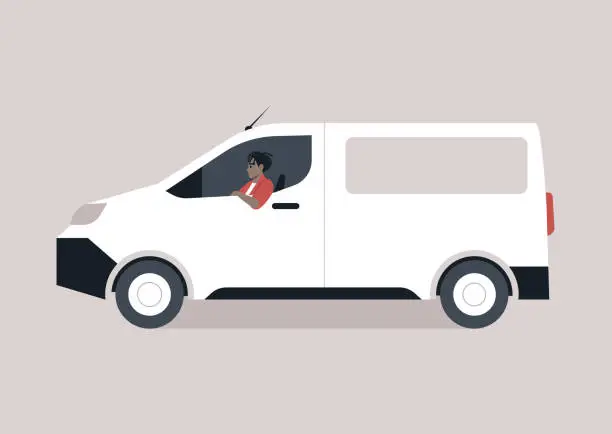 Vector illustration of A young character driving a panel van in a side view, a typical courier service vehicle used for delivering packages and mail