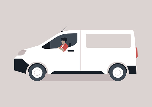 A young character driving a panel van in a side view, a typical courier service vehicle used for delivering packages and mail