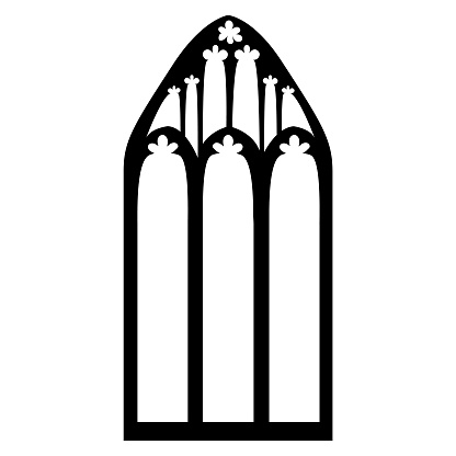 Antique classic elegant window frame pattern. Black vector silhouette of vintage graphic element of medieval facade decor