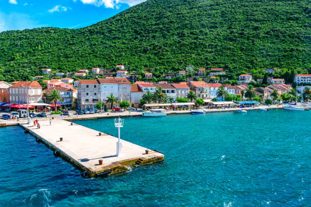 View from ferry on a small town Trpanj in southern Dalmatia in Croatia stock photo
