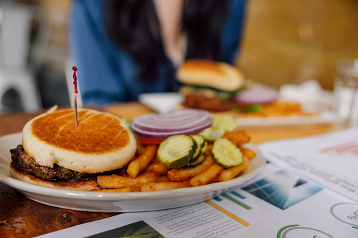 Veggie burger served as main course in a restaurant.